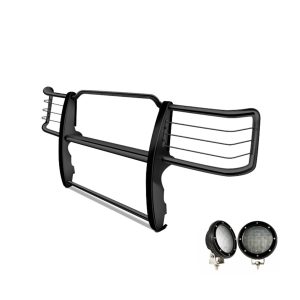 Black Horse Off Road Grille Guard, 3-Piece Modular, Powder Coated, Steel, 1-1/2 Inch Diameter, With Brush Guard, Without Skid Plate – 17GT26MA-PLFB