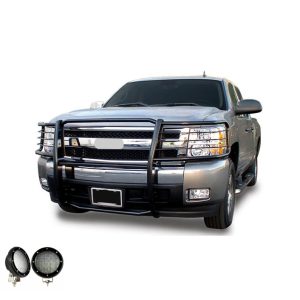Black Horse Off Road Grille Guard, 3-Piece Modular, Powder Coated, Steel, 1-1/2 Inch Diameter, With Brush Guard, Without Skid Plate – 17GT27MA-PLFB