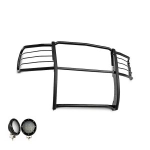 Black Horse Off Road Grille Guard, 3-Piece Modular, Powder Coated, Steel, 1-1/2 Inch Diameter, With Brush Guard, Without Skid Plate – 17GT27MA-PLFB
