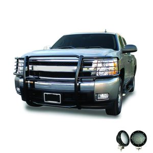 Black Horse Off Road Grille Guard, 3-Piece Modular, Powder Coated, Steel, 1-1/2 Inch Diameter, With Brush Guard, Without Skid Plate – 17GT28MA-PLFB