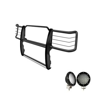 Black Horse Off Road Grille Guard, 3-Piece Modular, Powder Coated, Steel, 1-1/2 Inch Diameter, With Brush Guard, Without Skid Plate – 17GT28MA-PLFB