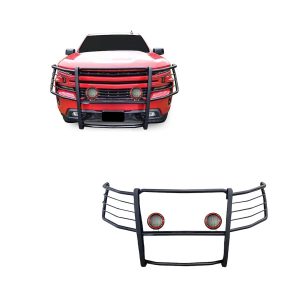 Black Horse Off Road Grille Guard, 3-Piece Modular, Powder Coated, Steel, 1-1/2 Inch Diameter, With Brush Guard, Without Skid Plate – 17GT29MA-PLFR