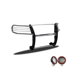 Black Horse Off Road Grille Guard, 3-Piece Modular, Polished, Stainless Steel, 1-1/2 Inch Diameter, With Brush Guard – 17H151402MSS-PLFR