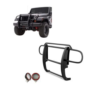 Black Horse Off Road Grille Guard, 3-Piece Modular, Powder Coated, Steel, 1-1/2 Inch Diameter, With Brush Guard, Without Skid Plate – 17JPWRMA-PLFR