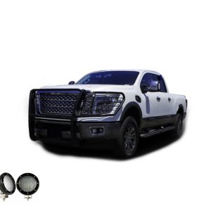 Black Horse Off Road Grille Guard, 3-Piece Modular, Powder Coated, Steel, 1-1/2 Inch Diameter, With Brush Guard, Without Skid Plate – 17NR28MA-PLFB