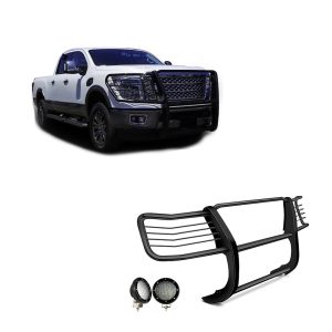 Black Horse Off Road Grille Guard, 3-Piece Modular, Powder Coated, Steel, 1-1/2 Inch Diameter, With Brush Guard, Without Skid Plate – 17NR28MA-PLFB