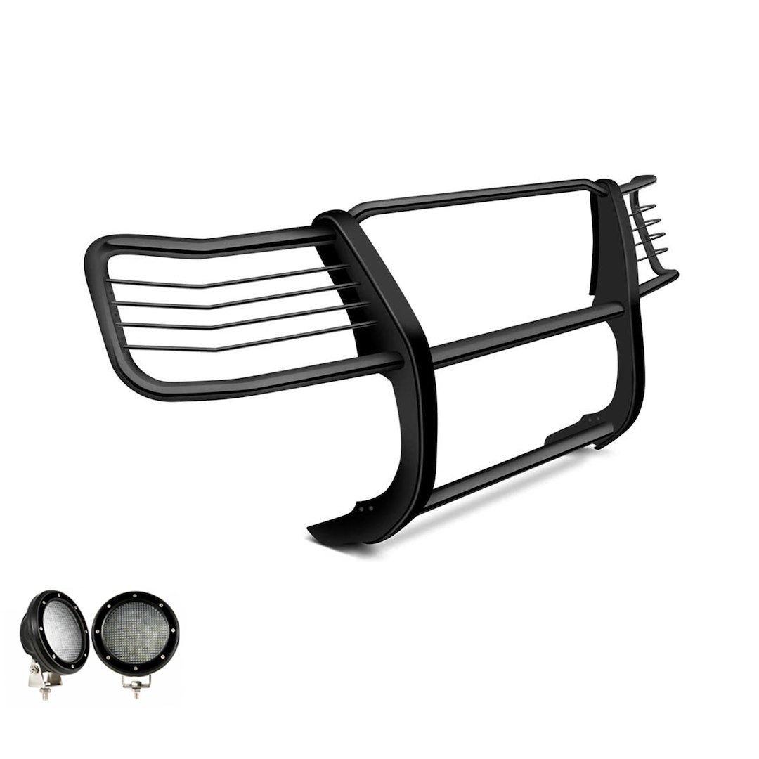 Black Horse Off Road Grille Guard, 3-Piece Modular, Powder Coated, Steel, 1-1/2 Inch Diameter, With Brush Guard, Without Skid Plate – 17NR28MA-PLFB