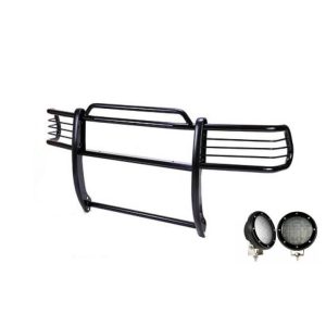 Black Horse Off Road Grille Guard, 3-Piece Modular, Powder Coated, Steel, 1-1/2 Inch Diameter, With Brush Guard, Without Skid Plate – 17TH26MA-PLFB