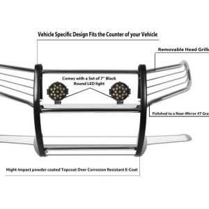 Black Horse Off Road Grille Guard, 3-Piece Modular, Polished, Stainless Steel, 1-1/2 Inch Diameter, With Brush Guard – 17A096402MSS-PLB