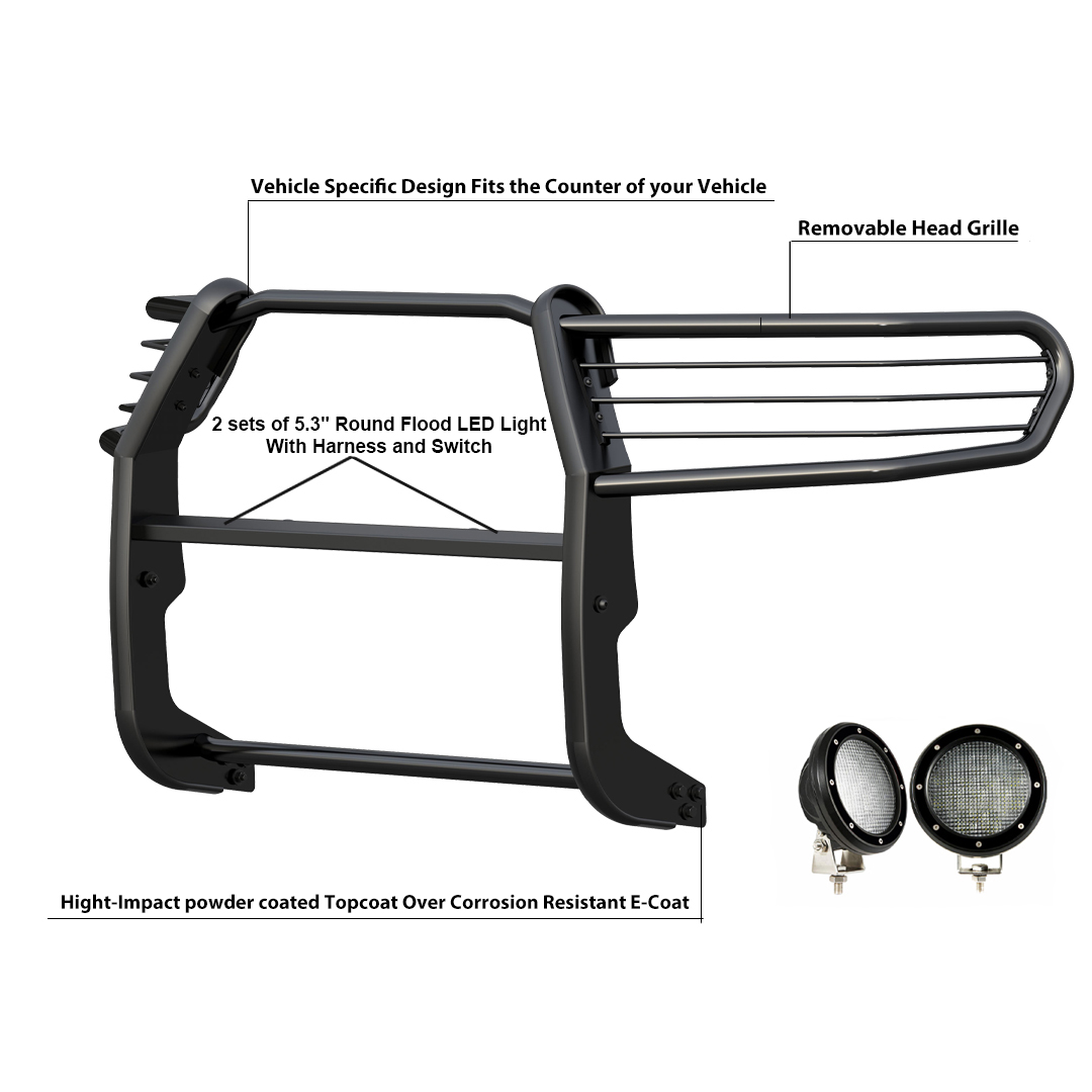 Black Horse Off Road Grille Guard, 3-Piece Modular, Powder Coated, Steel, 1-1/2 Inch Diameter, With Brush Guard, Without Skid Plate – 17DG109MA-PLFB
