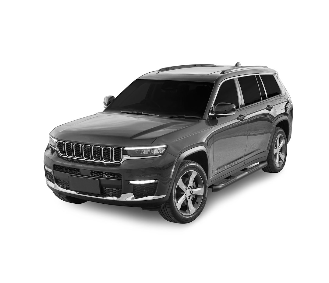 Black Horse Off Road Nerf Bar, With Step Pads, 3 Inch Round Bent, Painted Black, Steel, Rocker Panel Mount – 9B080205A