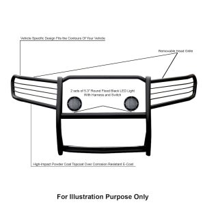 Black Horse Off Road Grille Guard, 3-Piece Modular, Powder Coated, Steel, 1-1/2 Inch Diameter, With Brush Guard, Without Skid Plate – 17A080202MA-PLFB