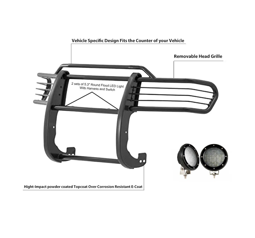 Black Horse Off Road Grille Guard, 3-Piece Modular, Powder Coated, Steel, 1-1/2 Inch Diameter, With Brush Guard, Without Skid Plate – 17A098600MA-PLFB