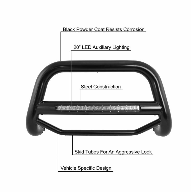 Black Horse Off Road Bull Bar, Max Beacon, 2-1/2 Inch Diameter Tube, Powder Coated, Steel, Without Skid Plate – MAB-NIB1401B