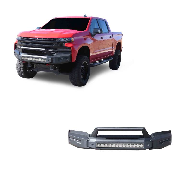 Black Horse Off Road Bumper, Armour II, 3 Piece, With Bull Nose and Skid Plate, With 20 or 30 Inch LED Light Bar Mounts, Powder Coated – AFB-SI20-K2