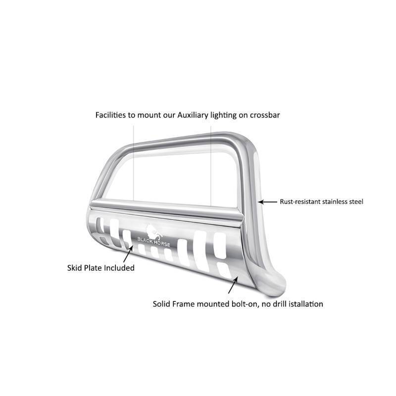 Black Horse Off Road Bull Bar, 2-1/2 Inch Diameter Tube, Polished, Stainless Steel, With Skid Plate, Without Light Bar – BBH1409-SP