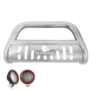 Black Horse Off Road Bull Bar, 2-1/2 Inch Diameter Tube, Polished, Stainless Steel, With Skid Plate – BBJPRE-SP-PLFR