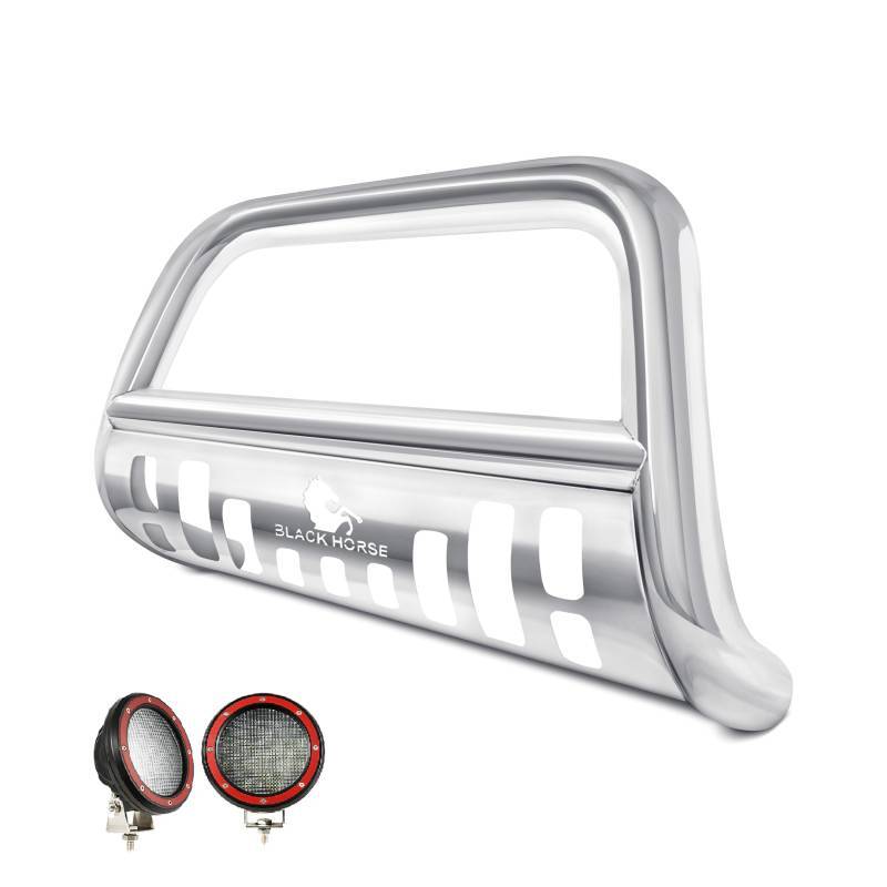 Black Horse Off Road Bull Bar, 2-1/2 Inch Diameter Tube, Polished, Stainless Steel, With Skid Plate – BBJPRE-SP-PLFR