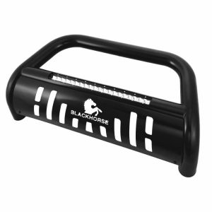 Black Horse Off Road Bull Bar, Beacon, 3 Inch Diameter Tube, Powder Coated, Steel, With Skid Plate, With 20 Inch Light Bar – BE-B4802B