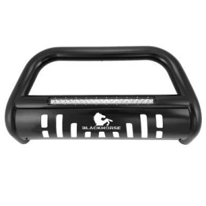 Black Horse Off Road Bull Bar, Beacon, 3 Inch Diameter Tube, Powder Coated, Steel, With Skid Plate, With 20 Inch Light Bar – BE-B8802B