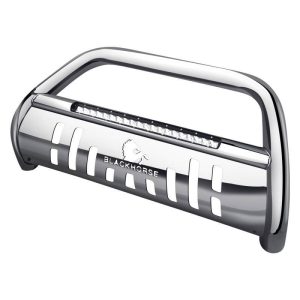 Black Horse Off Road Bull Bar, Beacon, 3 Inch Diameter Tube, Polished, Stainless Steel, With Skid Plate, With 20 Inch Light Bar – BE-GMSIS-19