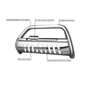Black Horse Off Road Bull Bar, Beacon, 3 Inch Diameter Tube, Polished, Stainless Steel, With Skid Plate, With 20 Inch Light Bar – BE-NIFRS