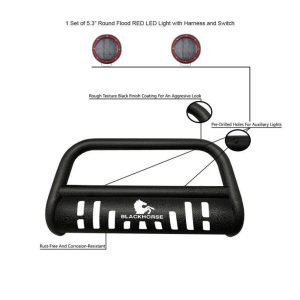 Black Horse Off Road Bull Bar, T, 2-1/2 Inch Diameter Tube, Powder Coated, Textured Black, Steel, With Skid Plate – CBT-B471SP-PLFR
