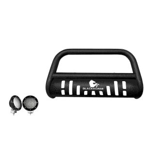 Black Horse Off Road Bull Bar, T, 2-1/2 Inch Diameter Tube, Powder Coated, Textured Black, Steel, With Skid Plate – CBT-B718SP-PLFB