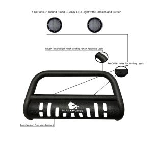 Black Horse Off Road Bull Bar, T, 2-1/2 Inch Diameter Tube, Powder Coated, Textured Black, Steel, With Skid Plate – CBT-B718SP-PLFB