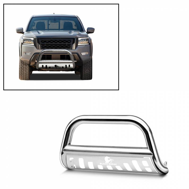 Black Horse Off Road Bull Bar, 2-1/2 Inch Diameter Tube, Polished, Stainless Steel, With Skid Plate, Without Light Bar – CBS-C6502SP