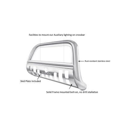 Black Horse Off Road Bull Bar, 2-1/2 Inch Diameter Tube, Polished, Stainless Steel, With Skid Plate, Without Light Bar – CBS-S0202SP