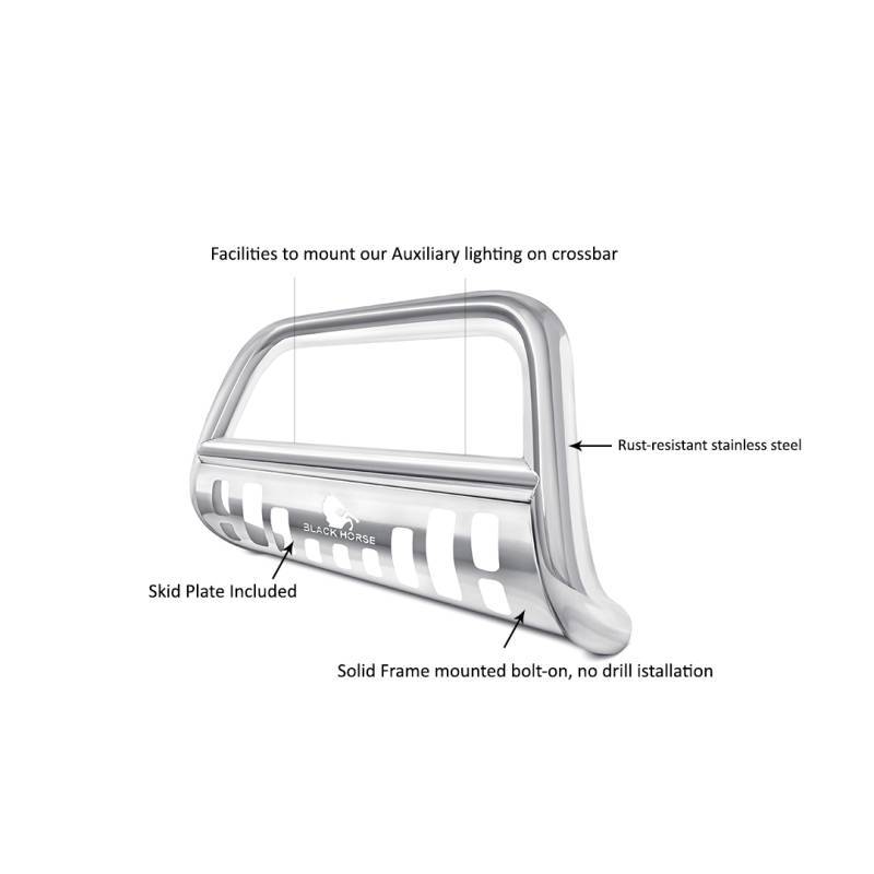 Black Horse Off Road Bull Bar, 2-1/2 Inch Diameter Tube, Polished, Stainless Steel, With Skid Plate, Without Light Bar – CBS-TYF7007SP