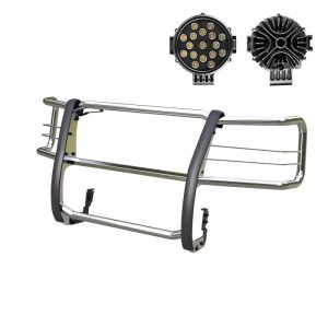 Black Horse Off Road Grille Guard, 3-Piece Modular, Polished, Stainless Steel, 1-1/2 Inch Diameter, With Brush Guard – 17GV02MSS-PLB