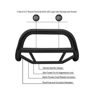 Black Horse Off Road Bull Bar, Max, 2-1/2 Inch Diameter Tube, Powder Coated, Steel, Without Skid Plate – MBB-HOB3301-PLFB