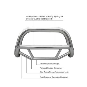 Black Horse Off Road Bull Bar, Max, 2-1/2 Inch Diameter Tube, Polished, Stainless Steel, Without Skid Plate, Without Light Bar – MBS-HOB3301