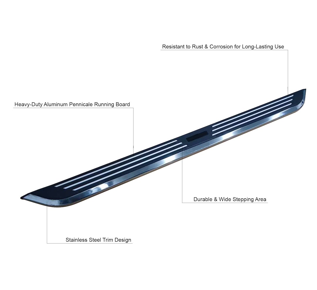 Black Horse Off Road Running Board, Pinnacle, Black Aluminum/ Chrome Stainless Steel Trim, Unlighted, Frame Mount, With Mounting Hardware – PITS79