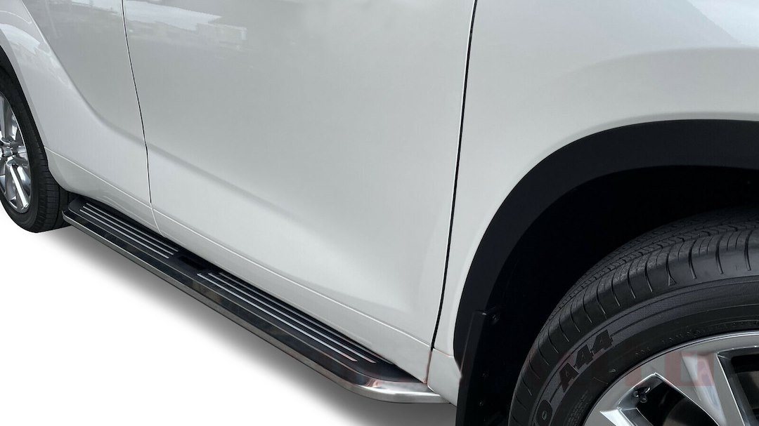 Black Horse Off Road Running Board, Pinnacle, Black Aluminum/ Chrome Stainless Steel Trim, Unlighted, Frame Mount, With Mounting Hardware – PITS79