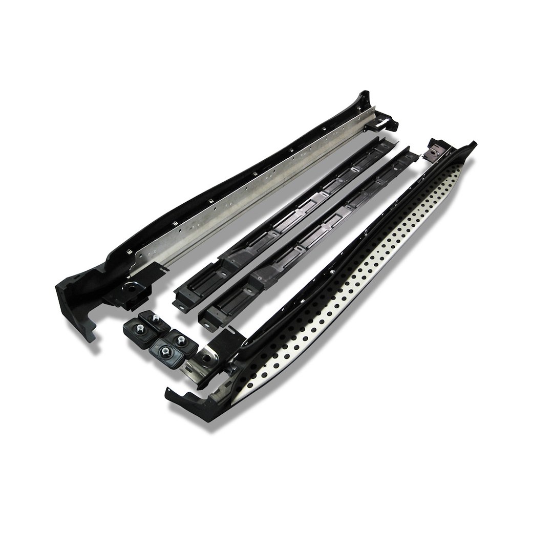 Black Horse Off Road Running Board, Replica, Polished Extruded Aluminum/ Black Trim, Unlighted, Frame Mount, With Mounting Hardware – RMWGL-13