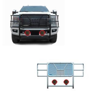 Black Horse Off Road Grille Guard, Rugged Series, 3-Piece Modular, Semi-Gloss Powder Coat, Steel, 2-1/4 Inch Bar Diameter – RU-FOF217-B-PLR