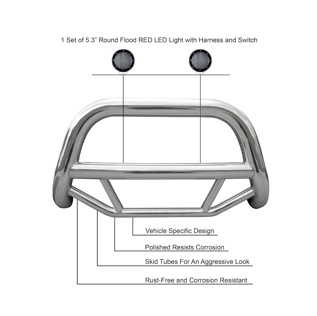 Black Horse Off Road Bull Bar, Max, 2-1/2 Inch Diameter Tube, Polished, Stainless Steel, Without Skid Plate – MBS-HOC5005-PLFB