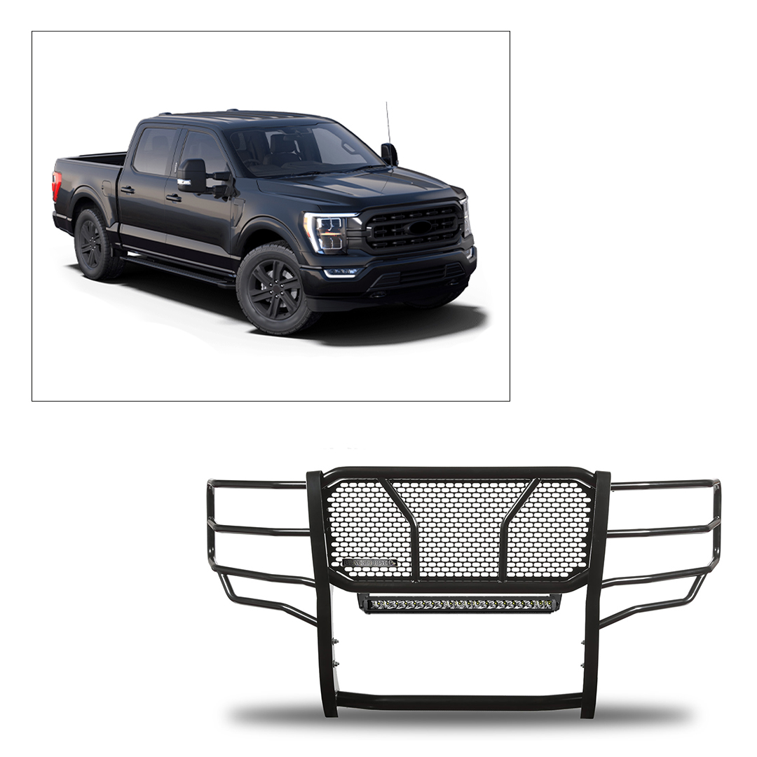 Black Horse Off Road Grille Guard, Rugged Series, 3-Piece Modular, Semi-Gloss Powder Coat, Steel, 2.25 Inch Bar Diameter – RU-FOF116-B-K2