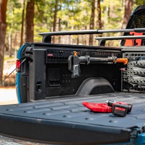Builtright Molle Cargo Panel, Rivian R1T, Bedside Mount, Screw on, Powder Coated, Textured Black, Aluminum – 102713