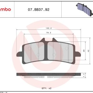 Brembo Brake Pad, Prime Line, Sintered Compound, Set of 2, 102.2 Millimeter Width X 42 Millimeter Height X 7.7 Millimeter Thickness – 07BB3792