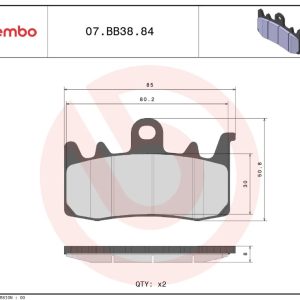Brembo Brake Pad, Prime Line, Sintered Compound, Set of 2, 85 Millimeter Width X 50.8 Millimeter Height X 8 Millimeter Thickness – 07BB3884
