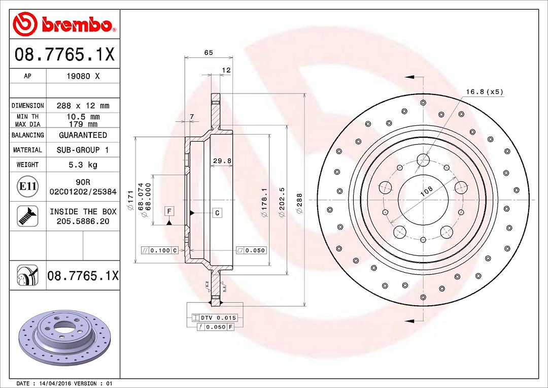 Brembo Brake Rotor, Xtra, Solid Cross Drilled, One Piece Design, Wheel Bolt Pattern 5 X 108 Millimeter – 0877651XC02