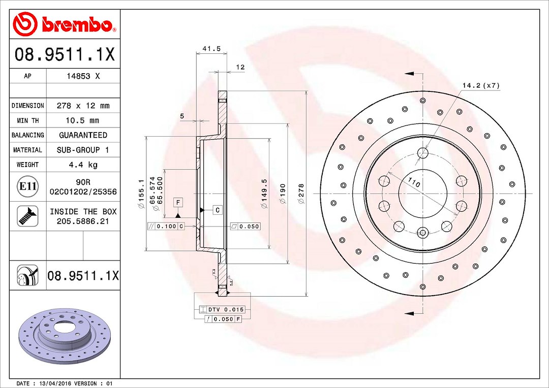 Brembo Brake Rotor, Xtra, Solid Cross Drilled, One Piece Design, Wheel Bolt Pattern 5 X 110 Millimeter – 0895111XC02