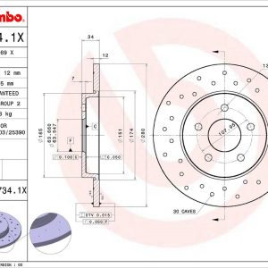 Brembo Brake Rotor, Xtra, Solid Cross Drilled, One Piece Design, Wheel Bolt Pattern 5 X 107.95 Millimeter – 0897341XC02