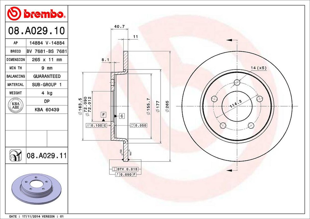 Brembo Brake Rotor, Solid, One Piece Design, Wheel Bolt Pattern 5 X 114.3 Millimeter – 08A02911C02
