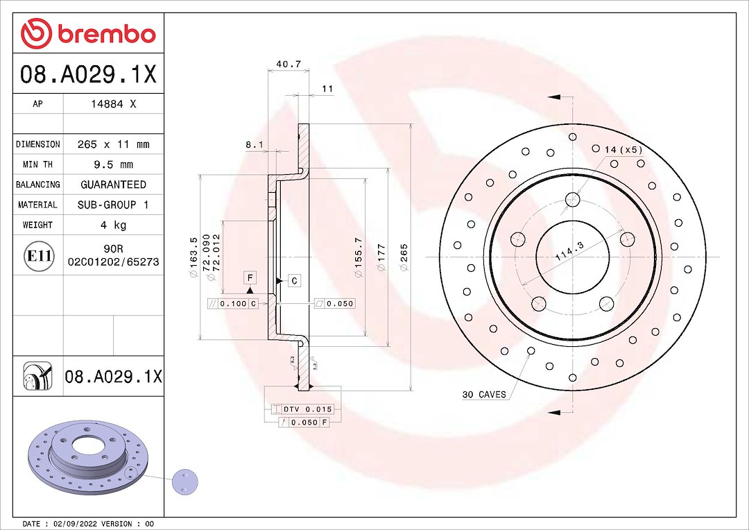 Brembo Brake Rotor, Xtra, Solid Cross Drilled, One Piece Design, Wheel Bolt Pattern 5 X 114.3 Millimeter – 08A0291XC02