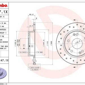 Brembo Brake Rotor, Xtra, Solid Cross Drilled, One Piece Design, Wheel Bolt Pattern 5 X 114.3 Millimeter – 08A1471XC02